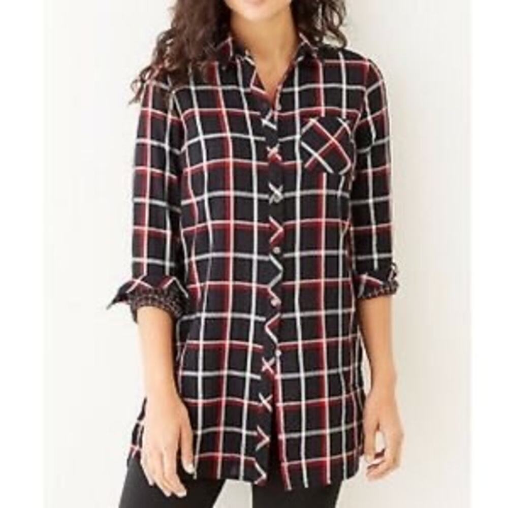 J.Jill Tunic Womens Large Plaid Double Layer Pockets Black Red White Long Sleeve